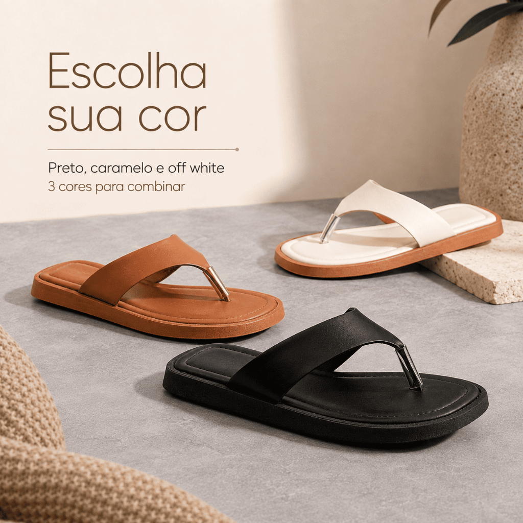 Chinelo Feminino Rasteiro Confortável Tira Larga Detalhe Metalizado Casual Elegante Para Dia a Dia