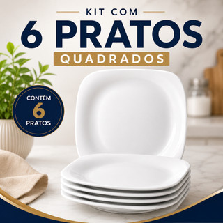 Conjunto 6 Pratos Quadrados Raso Branco Grande Premium Restaurante Mesa Posta Jantar 28cm Porcelana