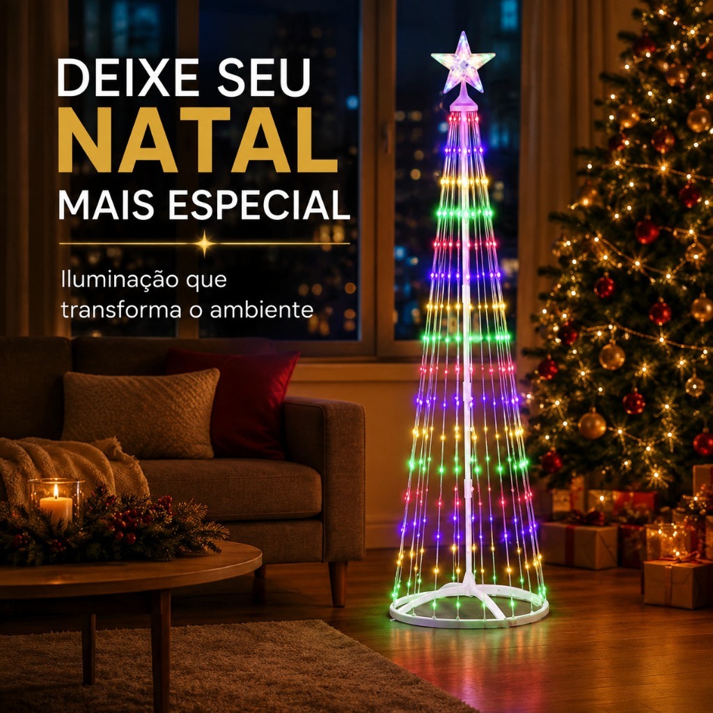 Árvore De Natal Cônica 3D LED RGB Iluminada Com Estrela Topo USB Decoração Natalina