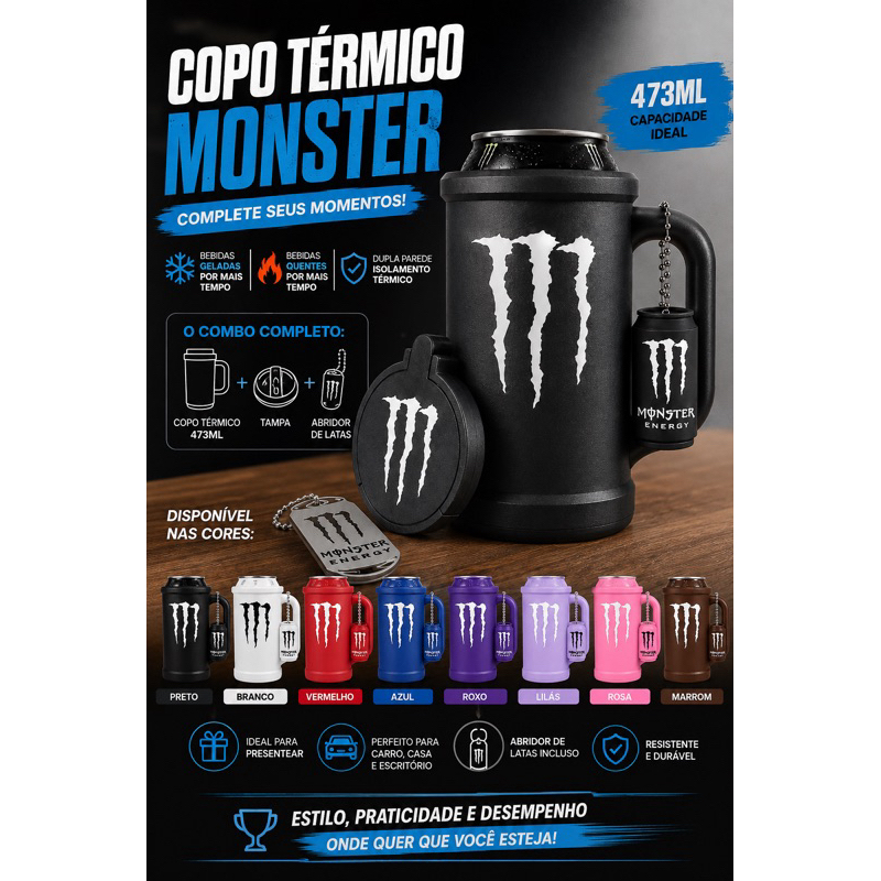 Copo Suporte Lata Monster + tampa + abridor.