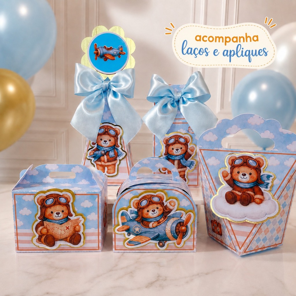 Kit de caixas personalizadas, tema ursinho aviador, para lembrancinha de festa infantil, aniversário