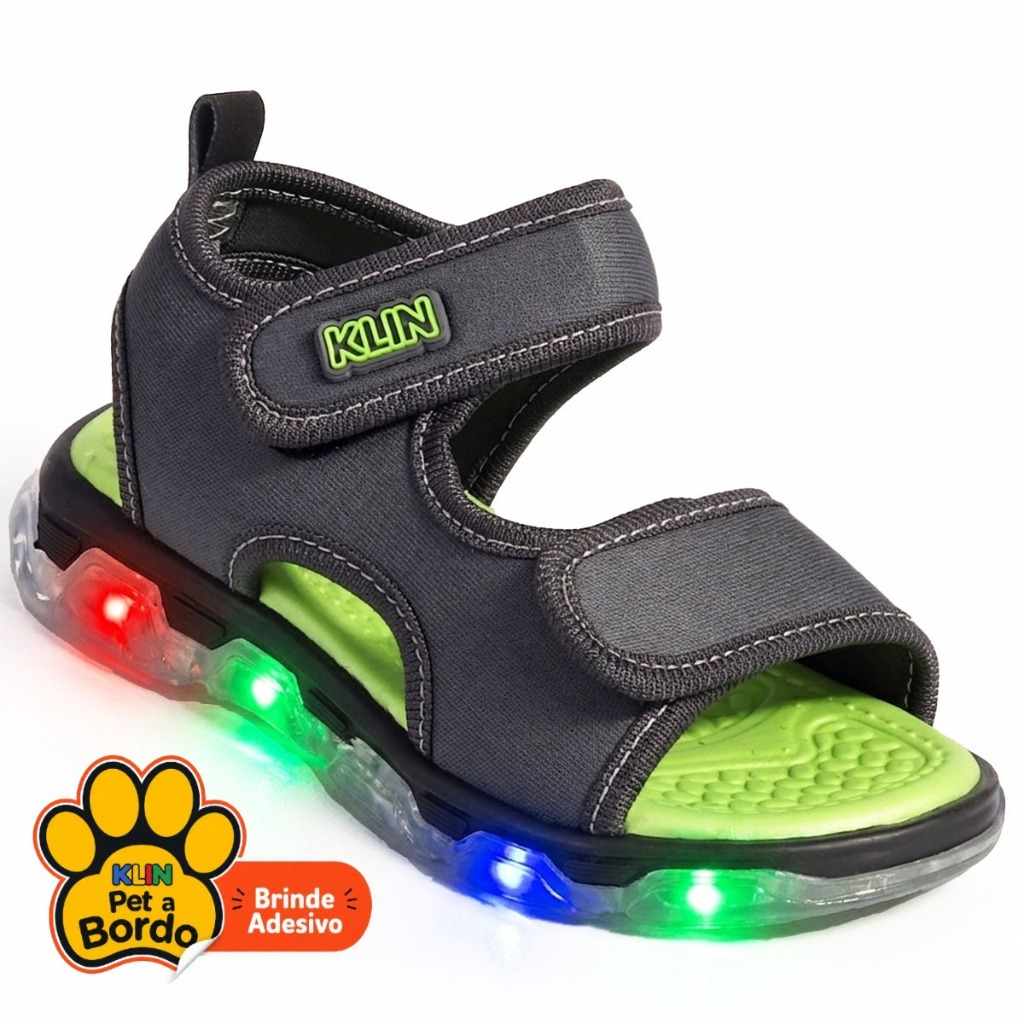 Sandália Papete Infantil Klin Light Menino com LED e Tira Aderente Grafite e Verde