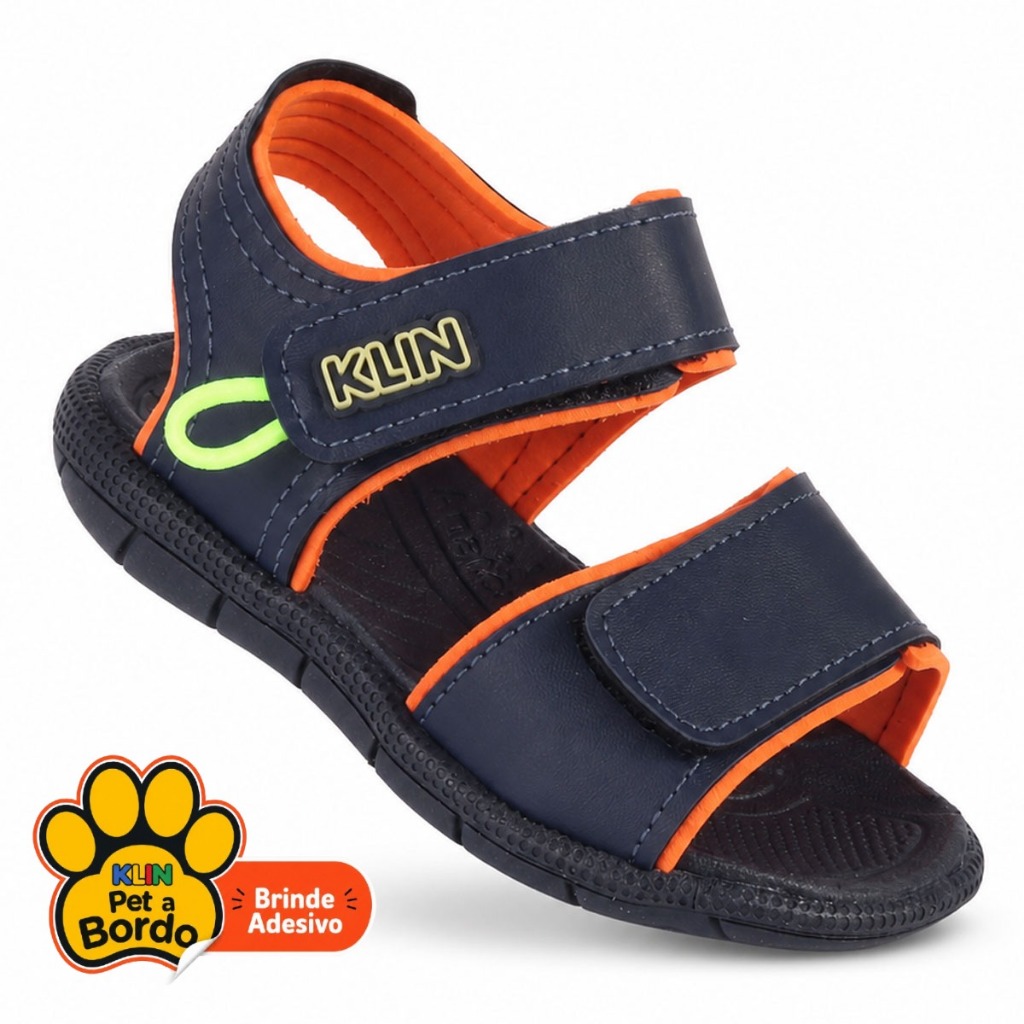 Papete Infantil Menino Klin Tic Tac Anatômica Leve Confortavel Escolar Azul Marinho com Laranja e Detalhe Neon