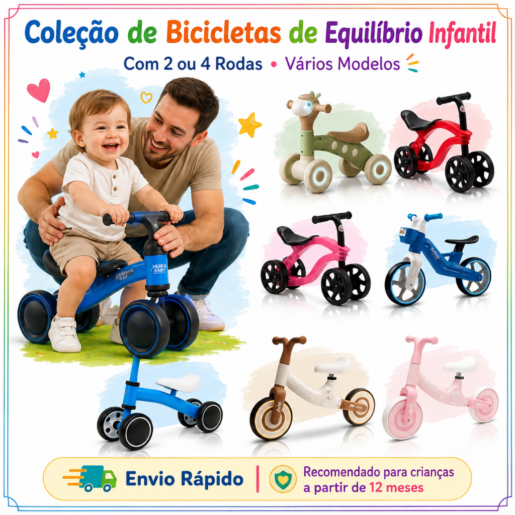 Bicicleta de Equilibrio Infantil 2 ou 4 Rodas Diversos Modelos LED Diversão Coordenação e Equilíbrio