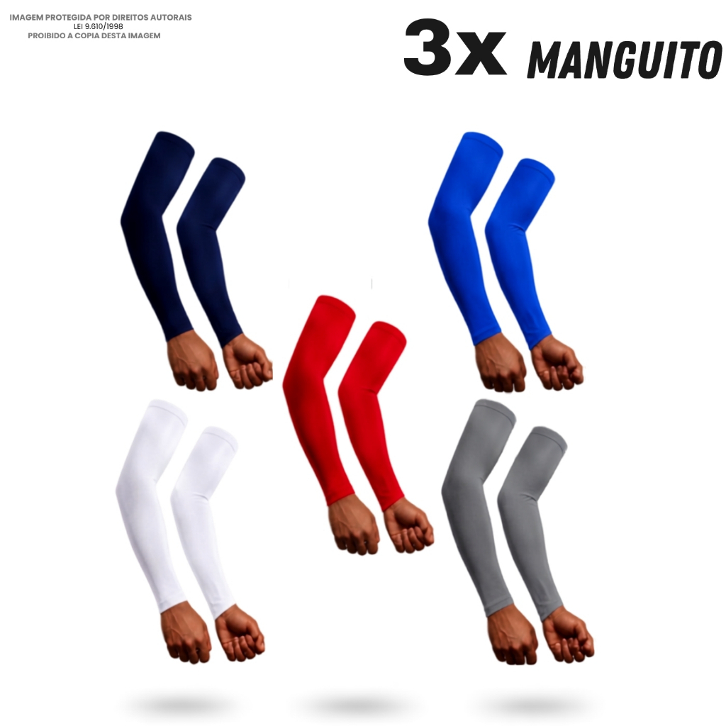 Kit 3 Pares Manguito Térmico Proteção Solar UV50+ Segunda Pele Manga Longa Motoqueiros Ciclistas Mangonte Vôlei Esporte