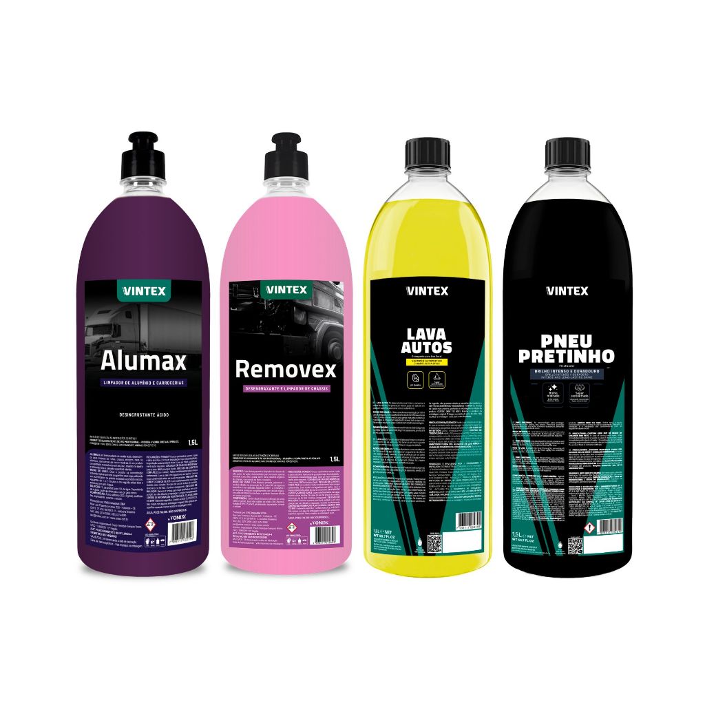 Kit Lavagem Automotiva Vintex Vonixx - Lava Autos Alumax Removex e Pneu Pretinho 1,5L