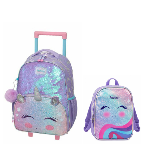 Kit Mochila De Rodinha Escolar Infantil Pack Me Ocean Com Paetê Dupla Face + Lancheira Térmica - Pacific