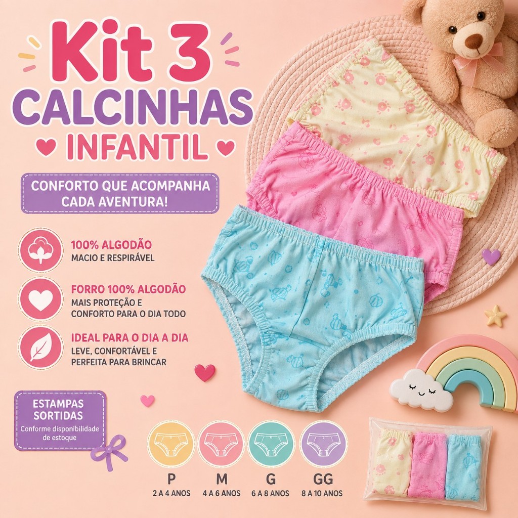 Kit 3 Calcinha Infantil 100% Algodão Estampadas Sortidas P ao GG