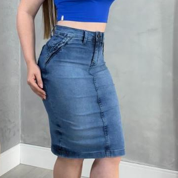 Saia Jeans Mídi Trançada Bolso Cinttura Alta Evangélica com Elastano
