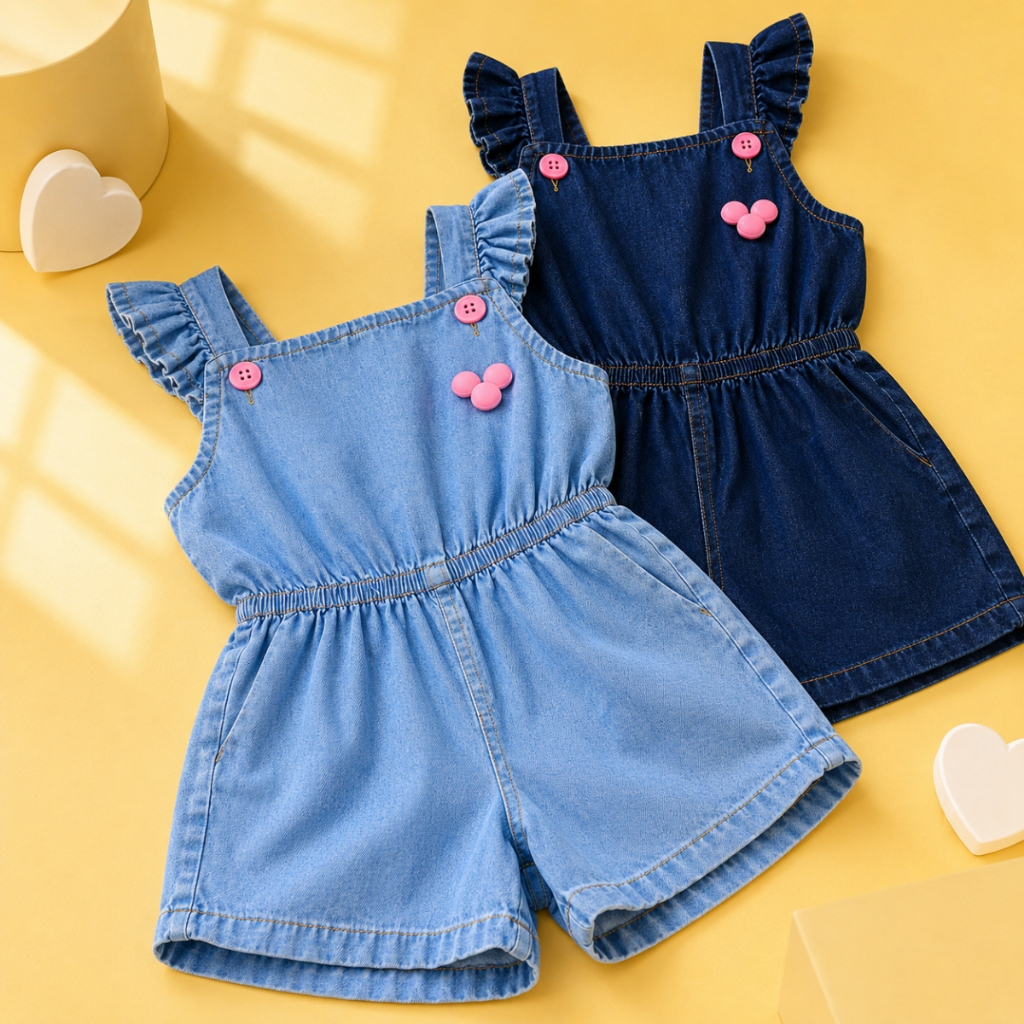 Macacão Jeans Infantil Feminino 1 a 4 Anos Jardineira Kids Com Elástico na Cintura Confortável