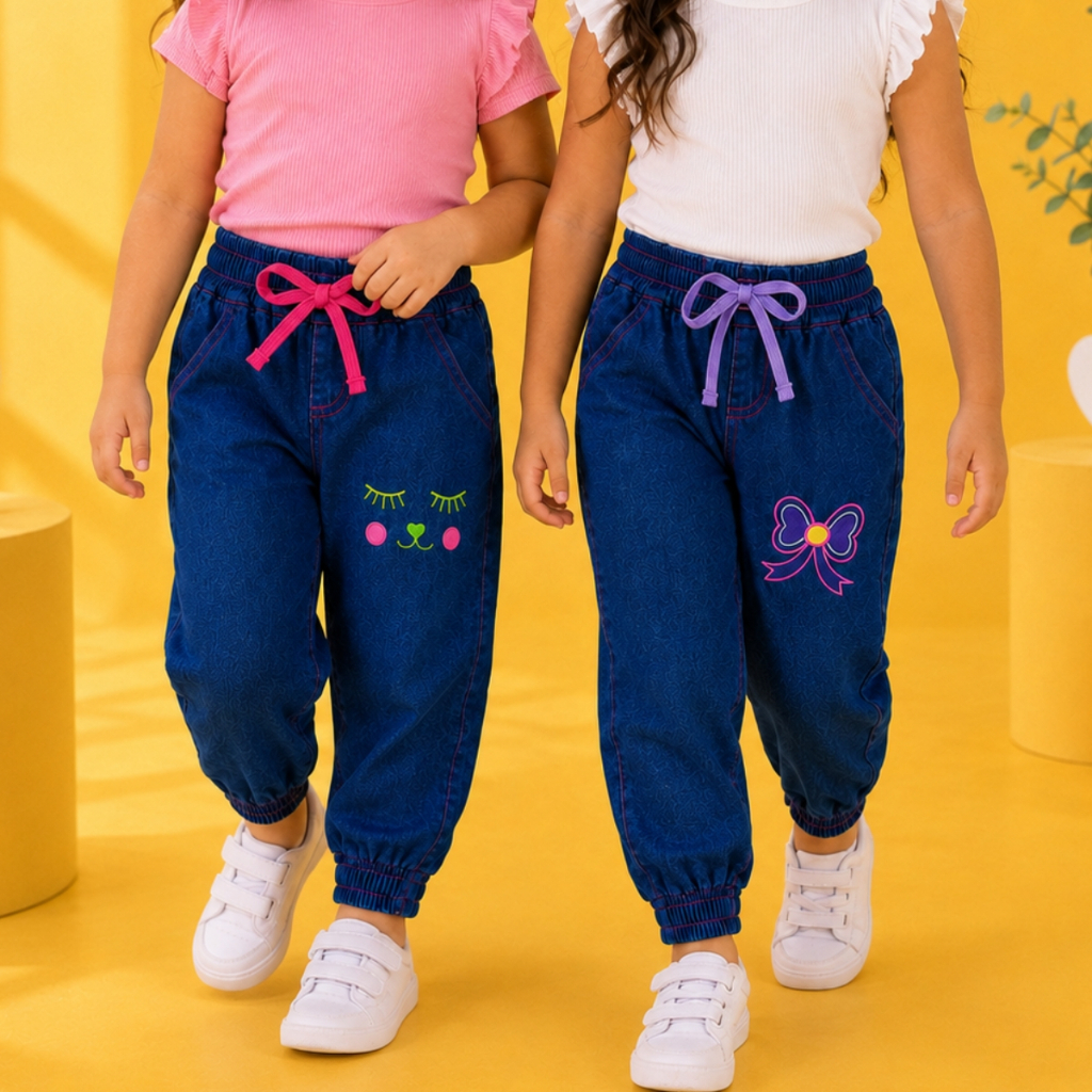 Calça Jeans Infantil Jogger Feminina Bordada 1 a 6 Anos Cós Elástico Confortável Jeans Para Meninas