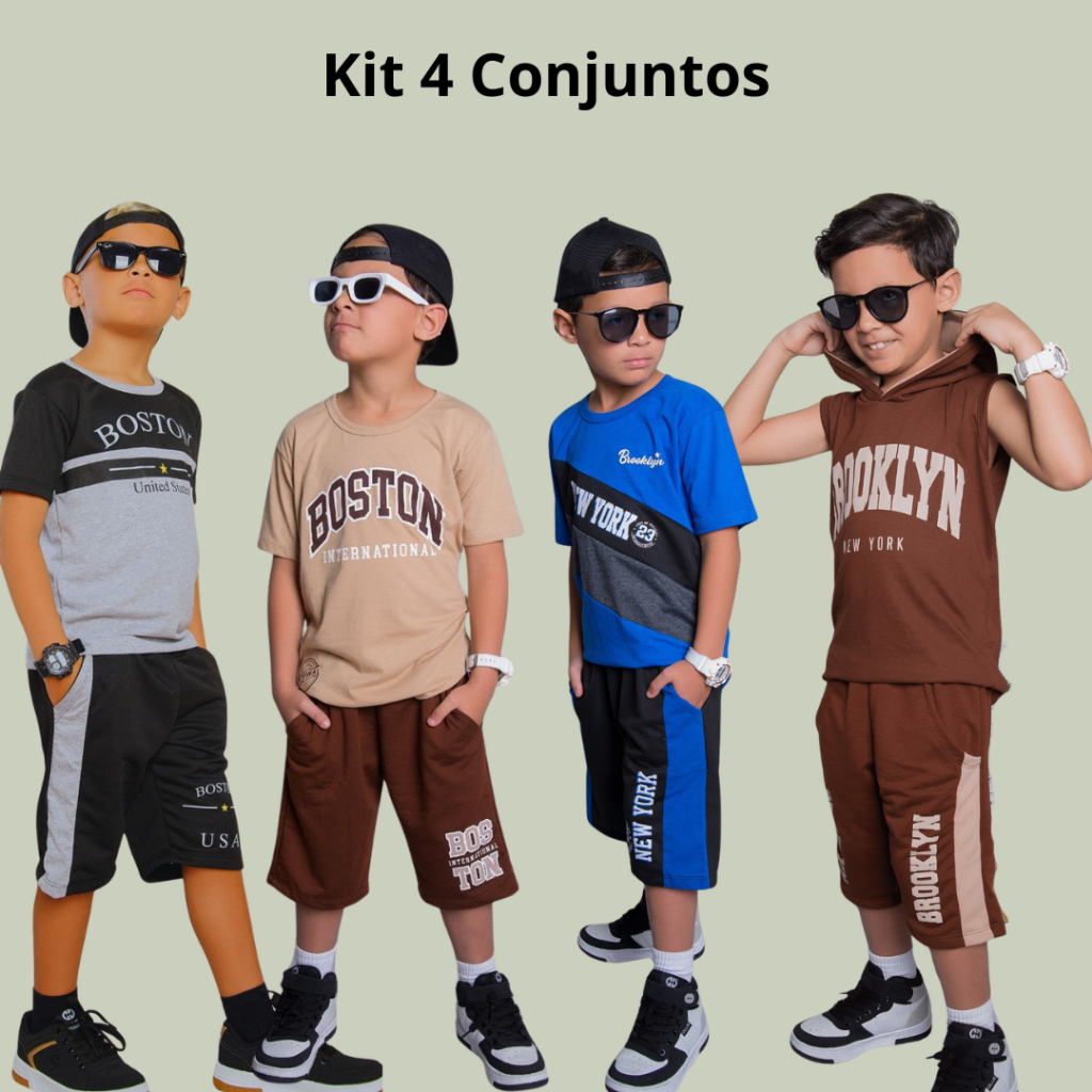 Kit Com 4 Conjuntos infantil Masculino Juvenil Lançamento Estiloso Top Roupa de Menino 2 ao 14 anos