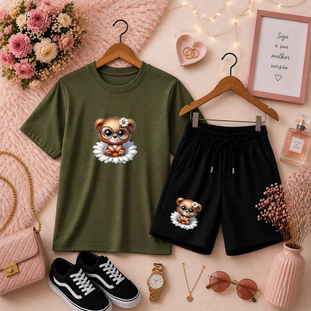 Conjunto Infantil Feminino Camiseta Básica + Short de Moletom Confortável e Estiloso Estampa Ursinha Flor