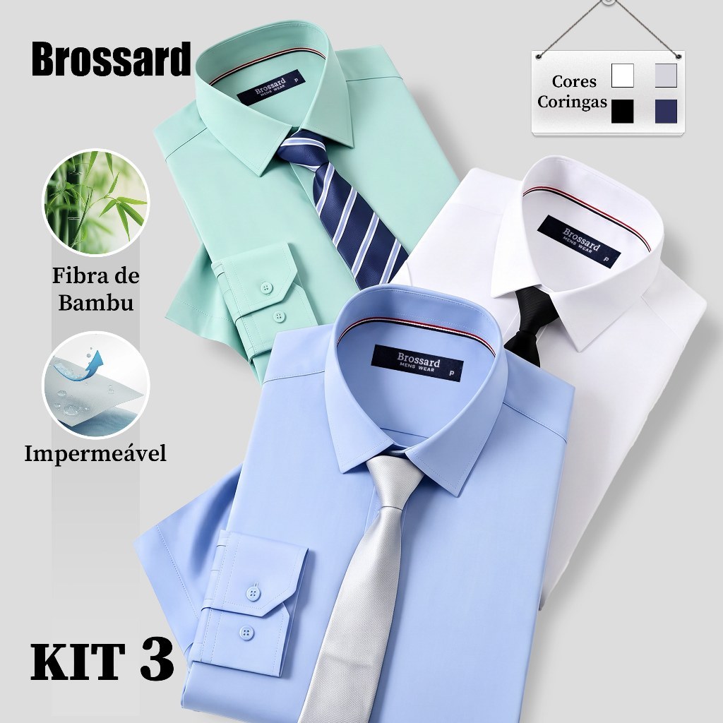 Kit 3 Camisa Social Masculina Manga Longa Não Amassa e Elastano, Fibra de Bambu e Tecido Impermeável