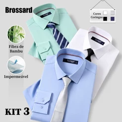 Kit 3 Camisa Social Masculina Manga Longa Não Amassa e Elastano, Fibra de Bambu e Tecido Impermeável