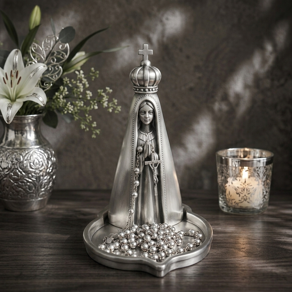 Porta Terço Nossa Senhora de Fátima com Bandeja Imagem Sacra Escultura Decorativa Religiosa Presente Católico Pronta Ent