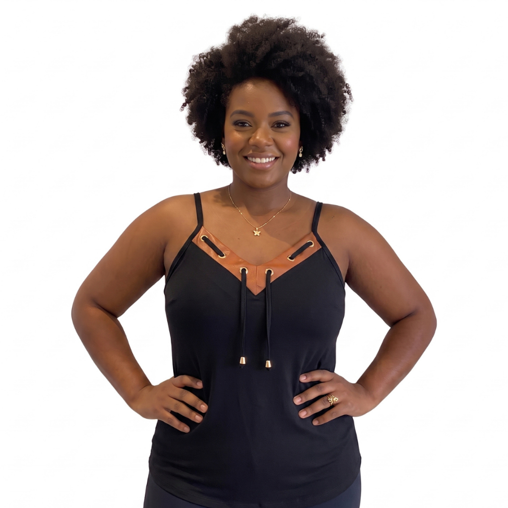 Blusa Regata Plus Size Feminina Alça Fina Decote V Couro Ilhós tendência verão