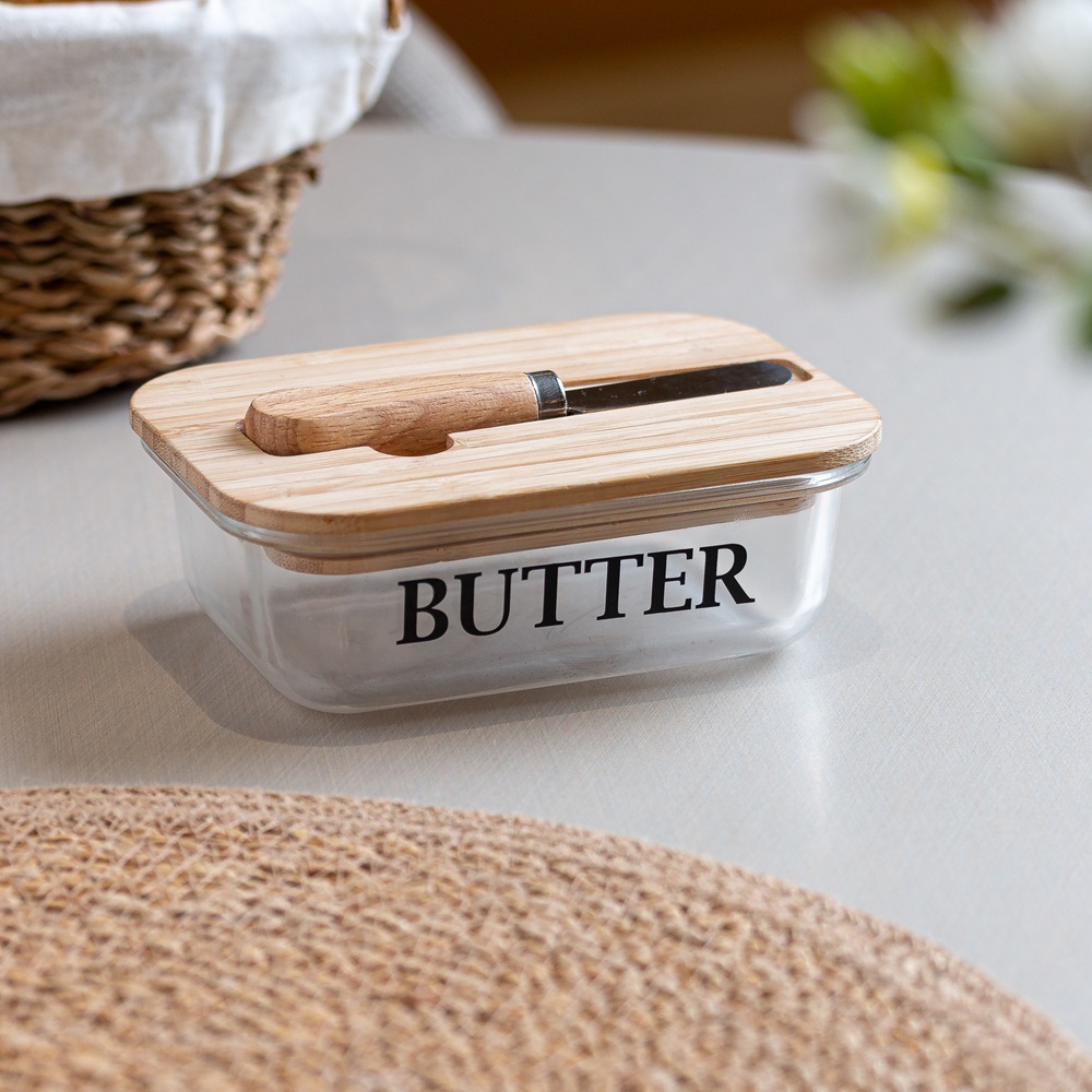 Manteigueira de Vidro com Tampa de Bambu e Espátula Wolff Basic 15cm Porta Manteiga Mesa Posta Café da Manhã Cozinha Pão