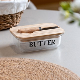 Manteigueira de Vidro com Tampa de Bambu e Espátula Wolff Basic 15cm Porta Manteiga Mesa Posta Café da Manhã Cozinha Pão