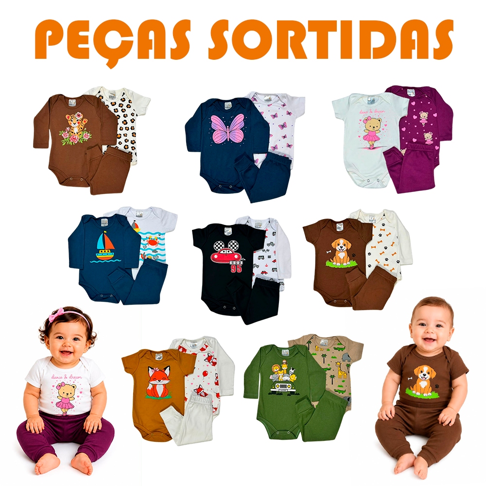 Kit 9 Peças Sortido Body de Bebê Menino Menina Roupa de Inverno Manga Longa e Curta Conjunto Para Bebê Tamanho RN ao GG