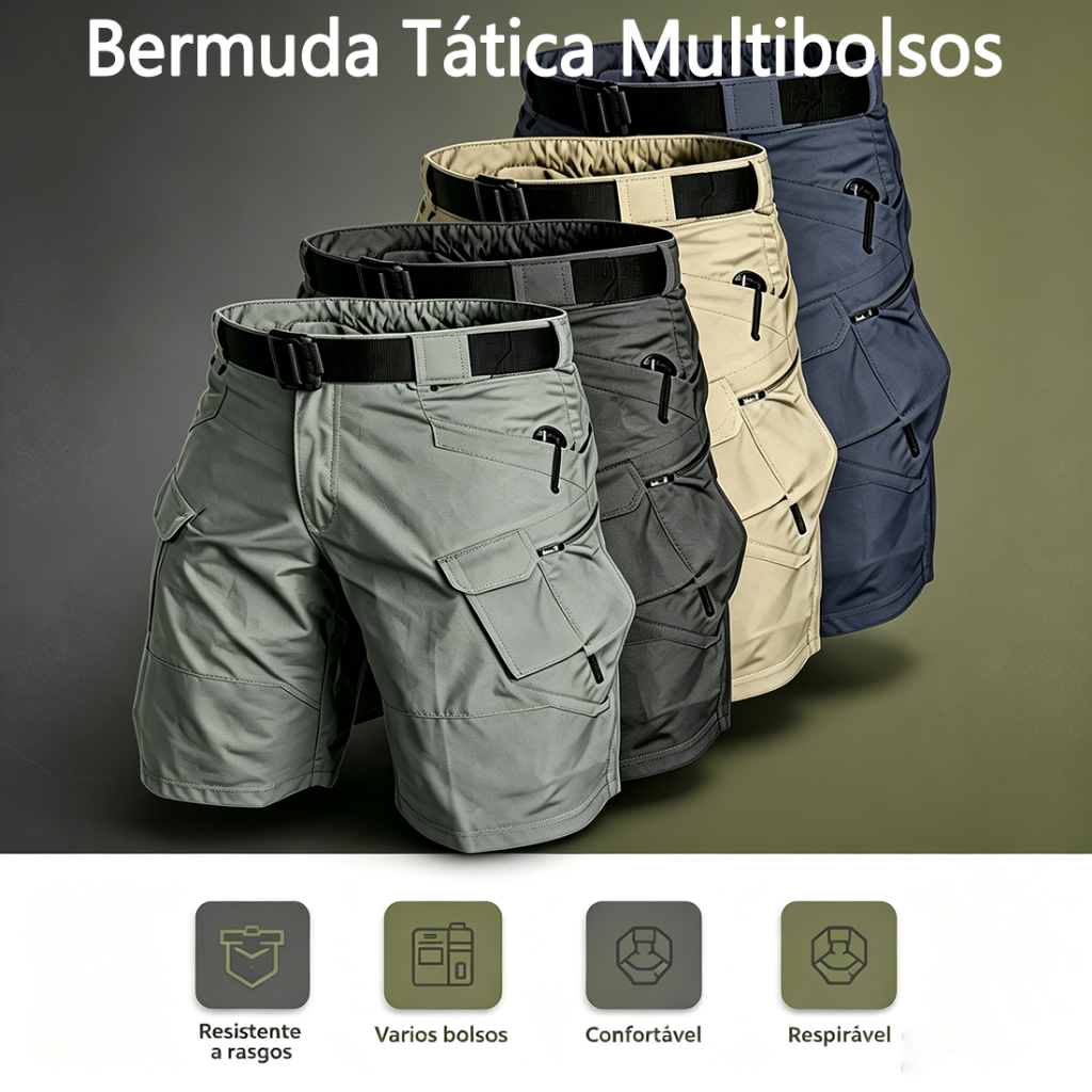 Bermuda Tática Masculina Cargo Ripstop 6 Bolsos, 4 Cores, Resistente para Camping, Aventura e Uso Urbano