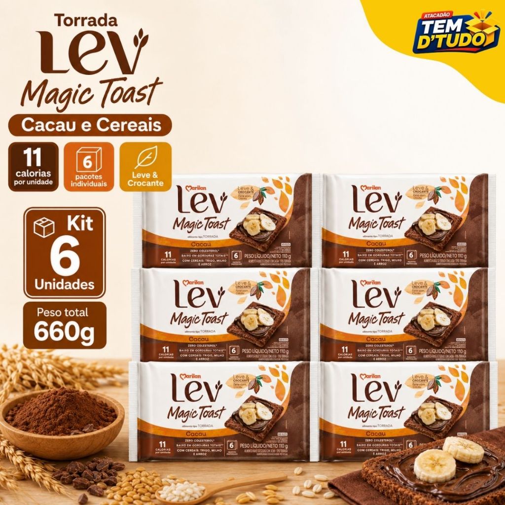 Kit 6 Torrada Lev Magic Toast Cacau e Cereais Marilan 660g Envio Rápido