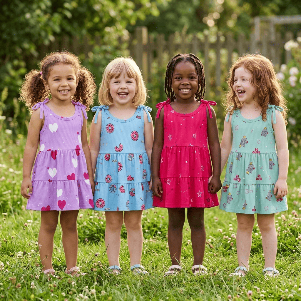KIT 3 Vestido Infantil Menina Canelado Estampado Menina Alça de Amarrar Verão Fresquinho e Confortável