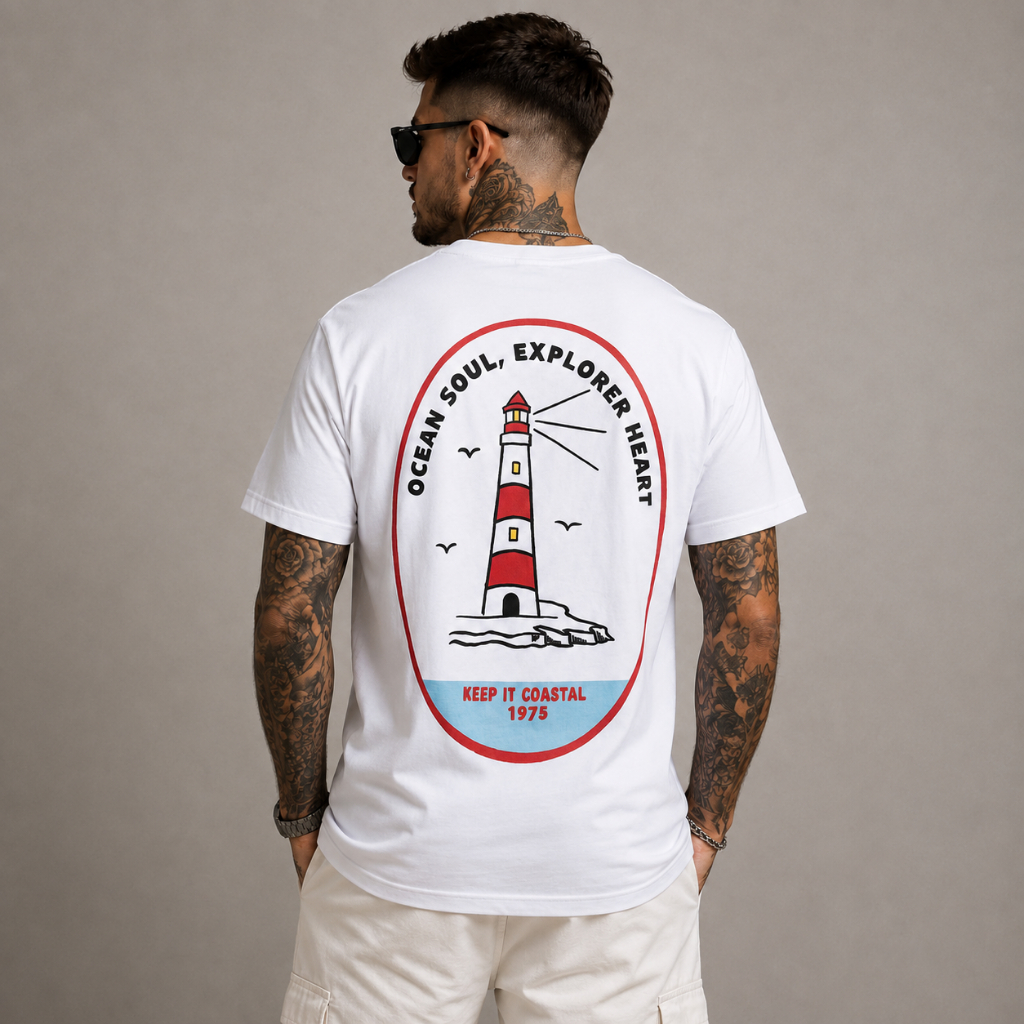 Camiseta Masculina 100% Algodão Estampada Farol Coastal Manga Curta Casual Premium