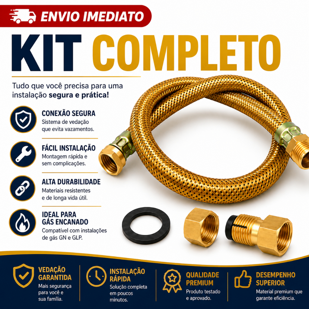 Kit Instalação Gás Encanado Mangueira Cobre Metálica 1,20 m Aquecedor + Adaptador Dako Femea Espigão