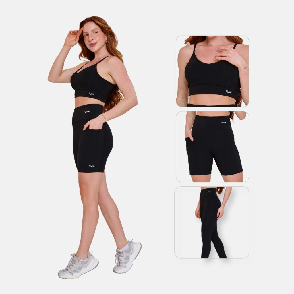 Kit Conjunto Fitness Feminino 3 Peças Top Alça Legging Short Academia Treino Zero Transparência Ótima Sustentação Bolsos