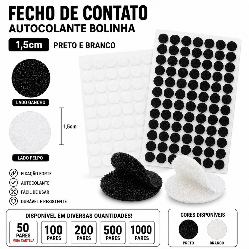 Fecho de Contato Autocolante Bolinha 1,5cm 50 há 1000 Pares cor Branco ou Preto
