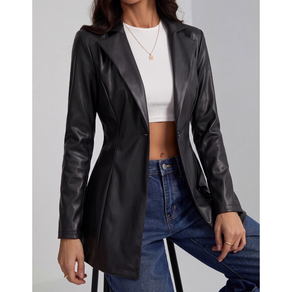 Jaqueta Blazer Feminina Couro Ecológico Com Gola Moderna Longo Moda Gringa
