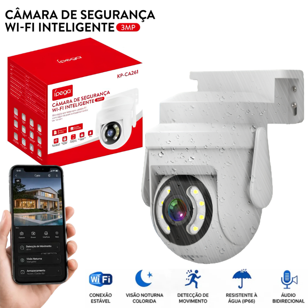 Câmera de Segurança WiFi IP66 345° ipega 3MP Visão Noturna Colorida Áudio Bidirecional Alarme
