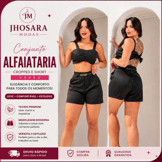 Conjunto Feminino Alfaiataria Cropped e Short Cintura Alta Verão Casual