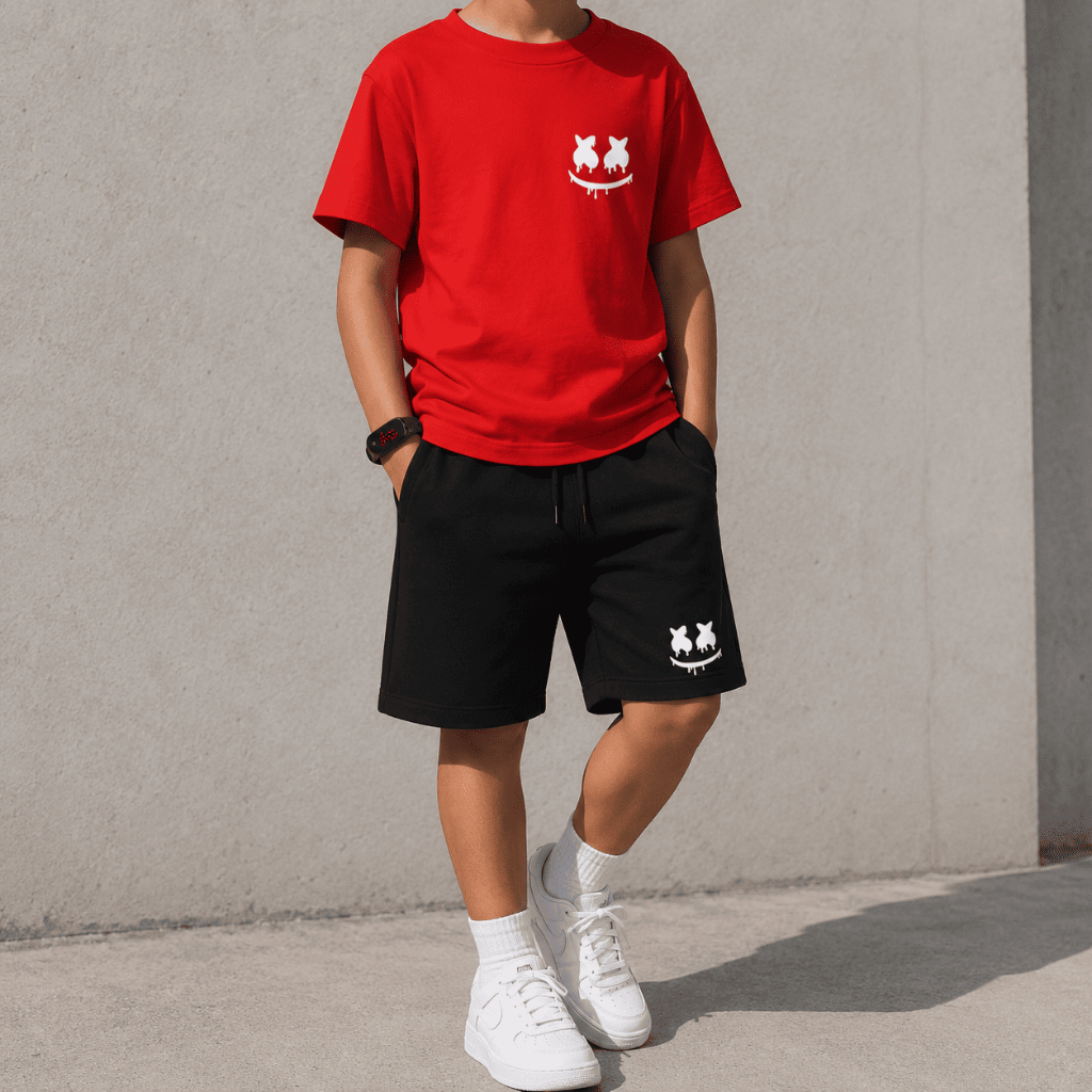 Kit Camiseta Infantil Smile e Short Masculino Moletinho + Brinde Relógio Digital
