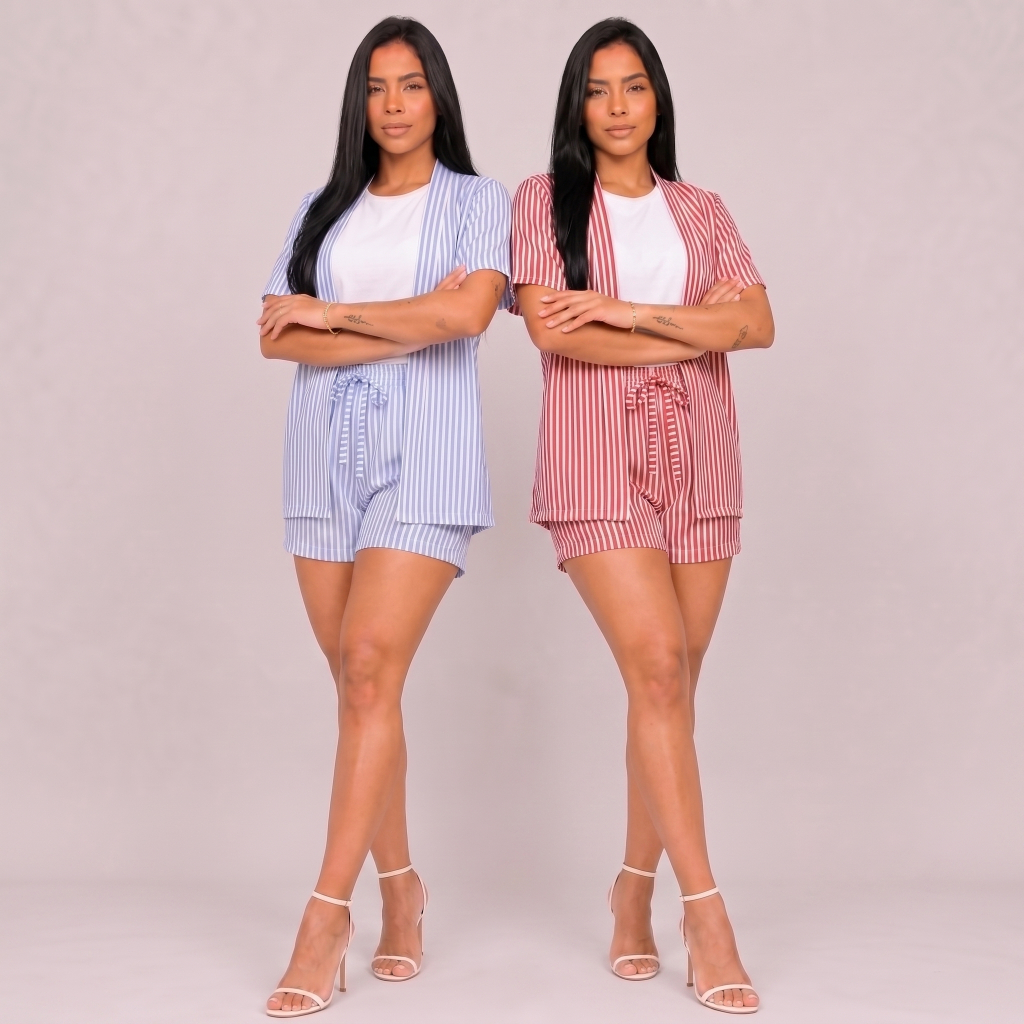 KIT 2 Conjunto Kimono e Short Feminino Listrado Tecido Duna Moda Praia Verão