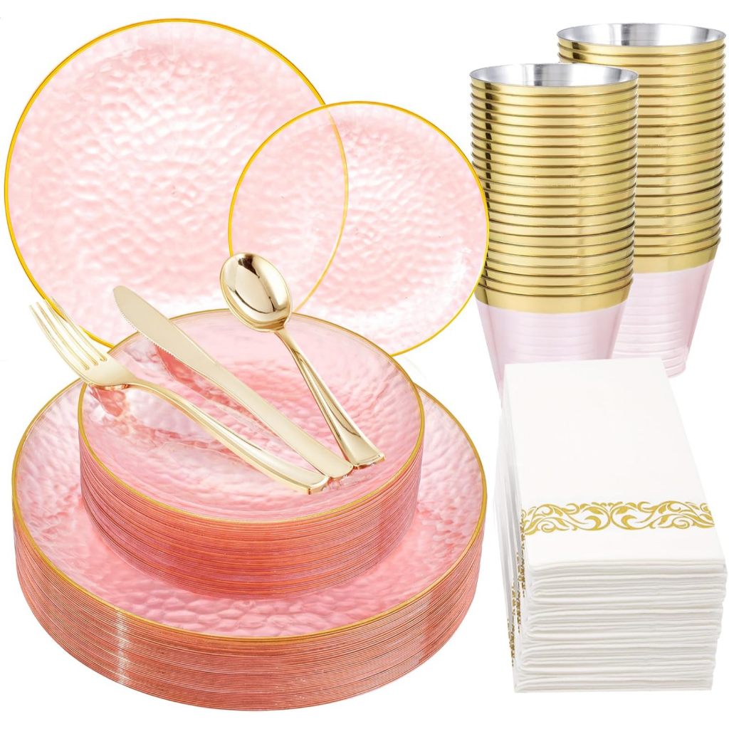 Kit 175 Itens Completo festa descartável Rosa Dourada para 25 convidados, casamento e aniversário