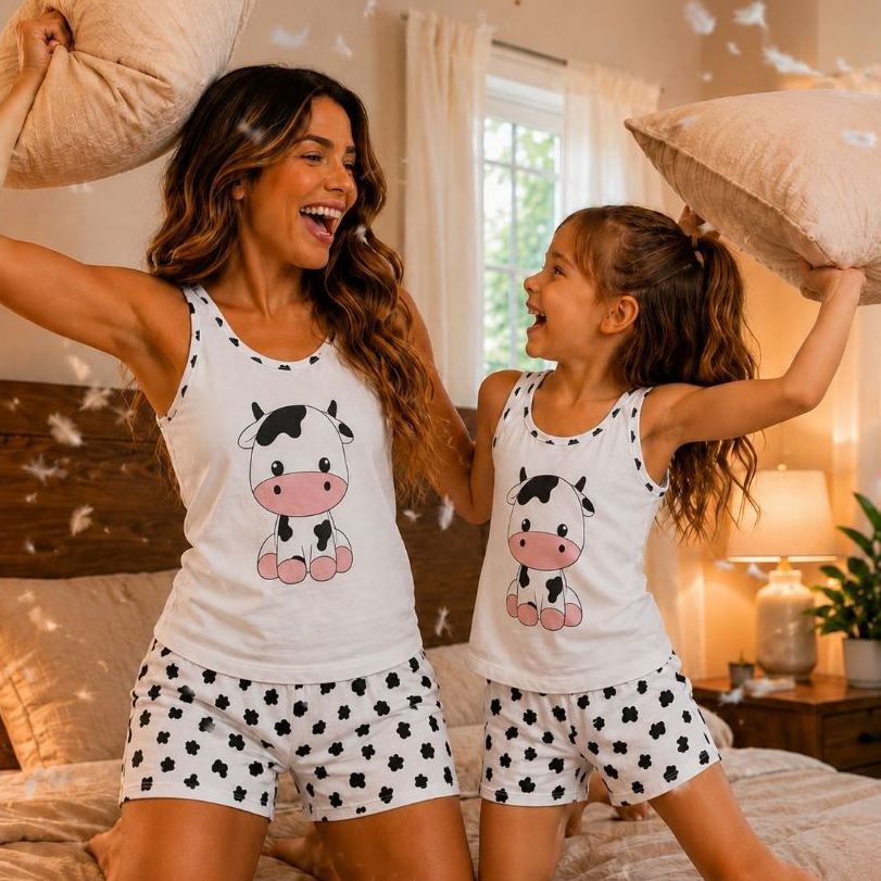 Pijama Short Doll Feminino Tal Mãe Tal Filha Baby Doll Regata Vaquinha Preta Verão