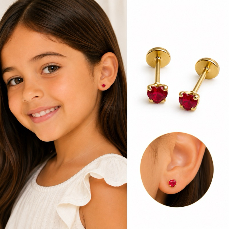 Brinco Infantil Coração Vermelho 4mm Banho em Ouro 18k Tarraxa Baby