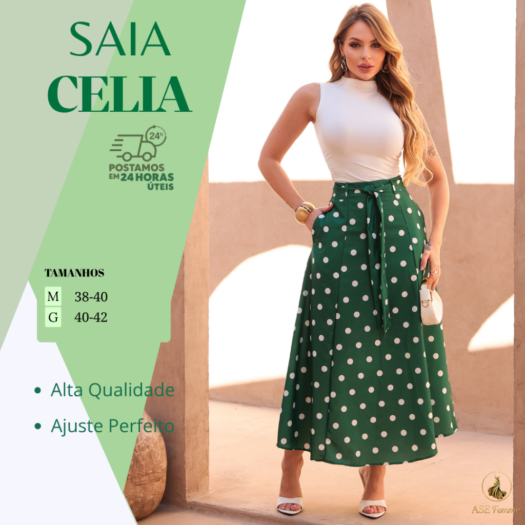 Saia Feminina Midi Poá Elegante Cintura Alta com Faixa Moda Evangélica Verão Casual Chic