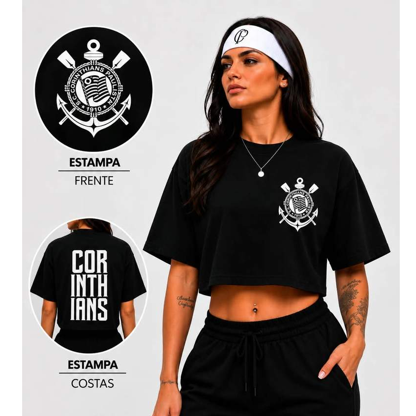 camiseta Cropped Oversized fitness academia Feminino Time Estampa Frente e Costas Manga Curta Casual