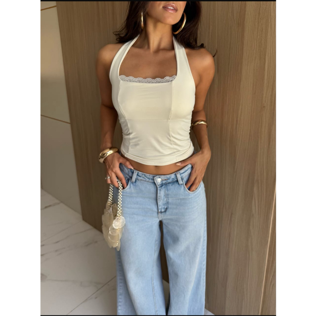 Cropped Top gringa modinha tendencia blogueira alcinha verão renda moda feminina