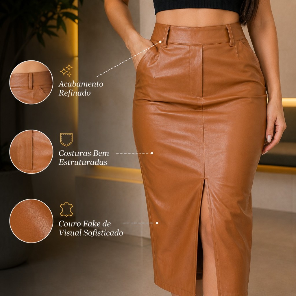 Saia Midi Couro Fake Feminina Cintura Alta Fenda Frontal com Bolsos e Passantes — imagem 2 de 2