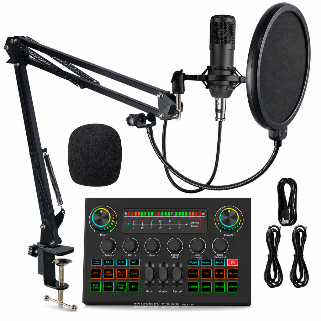 Placa de Som F999 Ultra Bluetooth Mixer Profissional para Live Podcast KTV com Opção Kit Microfone Completo