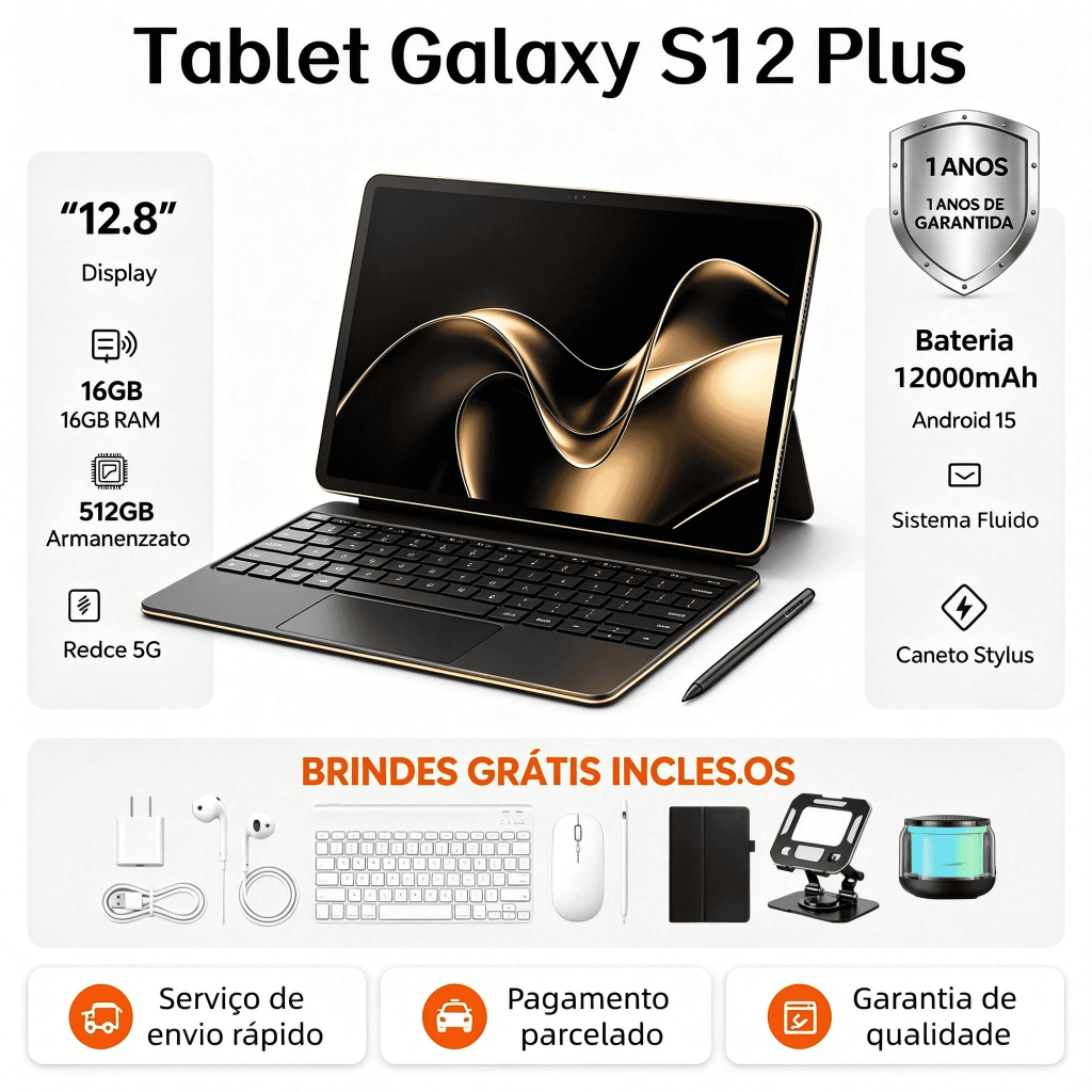【Teclado e mouse grátis】 Tablet Galaxy S12 Plus 12,8 polegadas, 16 GB + 512GB, bateria de 12000 mAh, tablet Android com