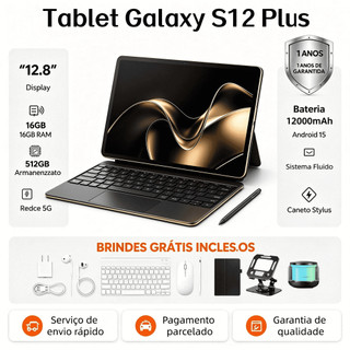 【Teclado e mouse grátis】 Tablet Galaxy S12 Plus 12,8 polegadas, 16 GB + 512GB, bateria de 12000 mAh, tablet Android com