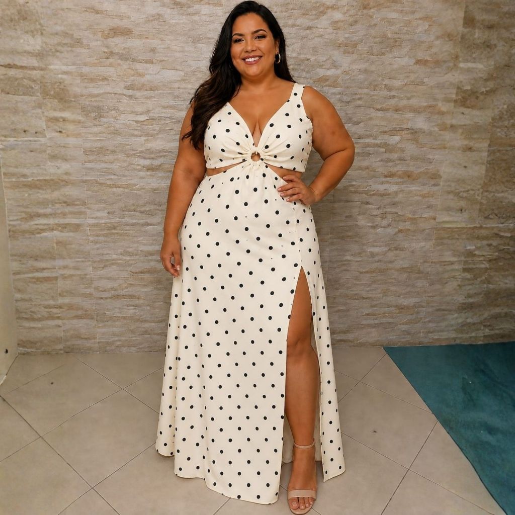 Vestido Longo Plus Size Estampado Poá Bolinhas Crepinho Alça Amarração Costas Moda Feminina Tam 46 ao 50