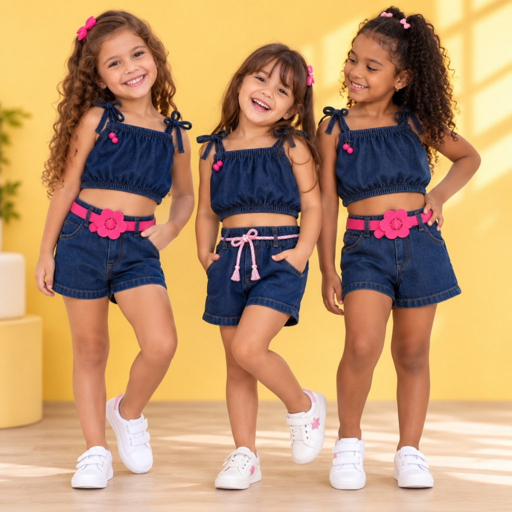Conjunto Variados Infantil Verão Feminino Sortido Short Jeans Flor Conjunto Kids Para Meninas