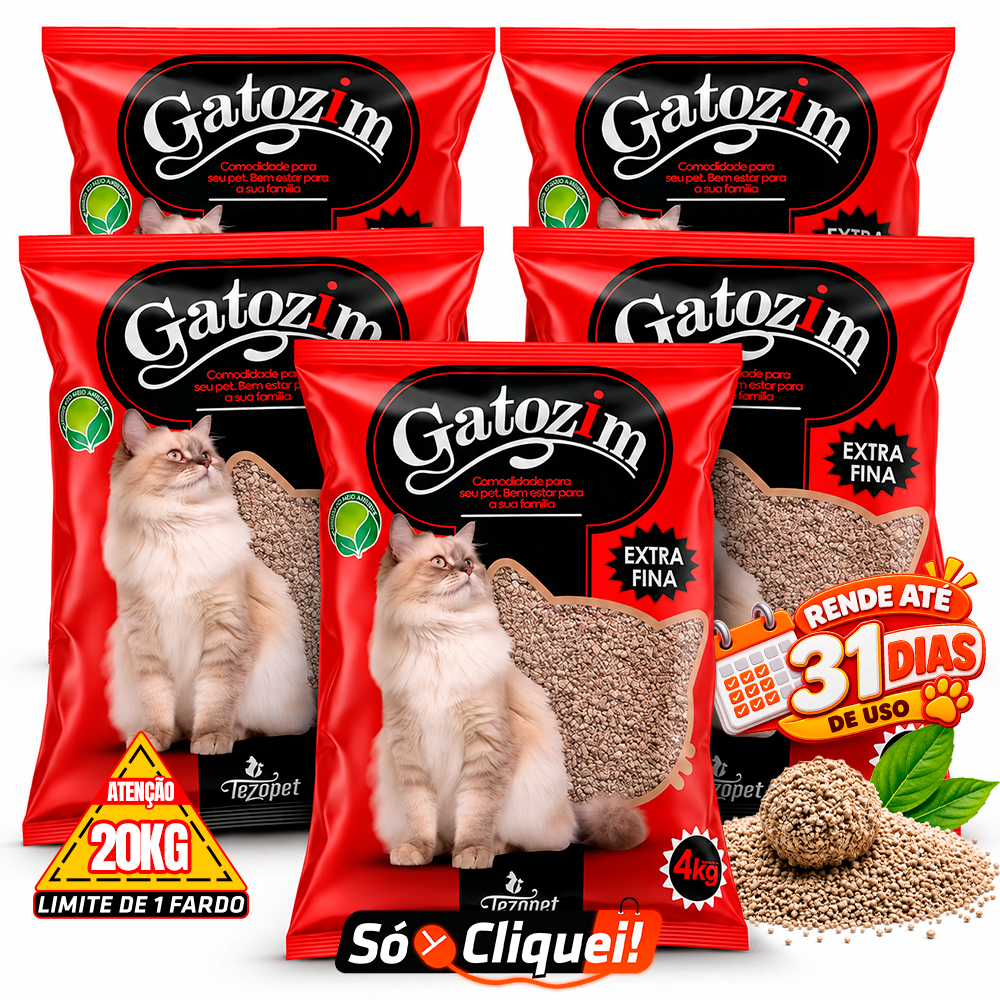 Kit 5 Pacotes Areia de Gato Gatozim Extra Fina Fardo 20KG Granulado Forma Torrões Firmes Controla Odores