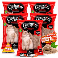 Kit 5 Pacotes Areia de Gato Gatozim Extra Fina Fardo 20KG Granulado Forma Torrões Firmes Controla Odores